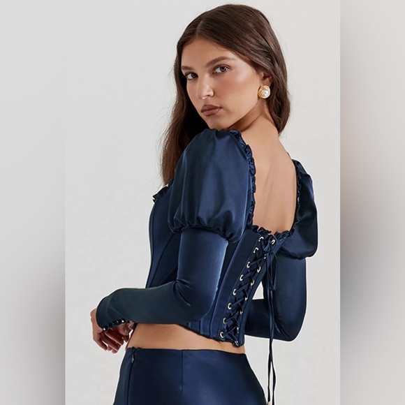 Navy Puff Sleeve Corset/Size S $149 House of CB NWOT - Picture 2 of 9